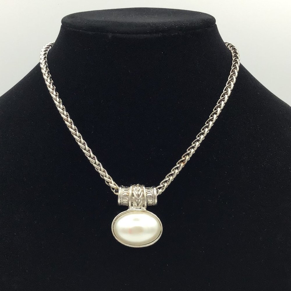 Large Silver Tone Faux Pearl Pendant Necklace Vintage Chunky Chain